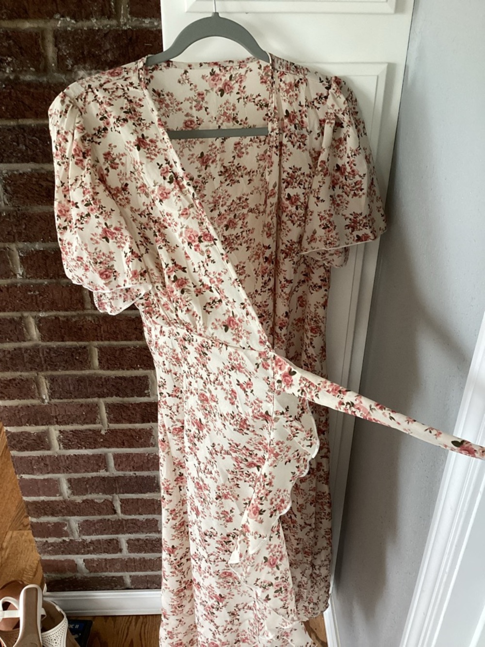 Floral Wrap Midi Dress in Cream and Dusty Rose